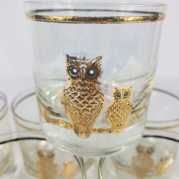 MID CENTURY VINTAGE LOW BALL GLASSES GOLD LEAF WITH OWLS SET OF 8 - Picture 3 of 13